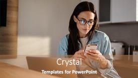  Presentation with working woman - PPT theme featuring serious-charming-woman-using-smartphone background and a coral colored foreground