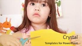  Presentation with paper cutting - Cool new slides with serious child cutting paper by scissors backdrop and a yellow colored foreground