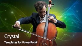  Presentation with sparkling - Amazing PPT theme having serious classical cellist with fabled backdrop and a tawny brown colored foreground