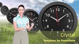  Presentation with classy - Slide deck having serious classy businesswoman using calculator against sunny landscape background and a tawny brown colored foreground