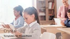  Presentation with classmates - Amazing slide set having serious-clever-girl backdrop and a soft green colored foreground