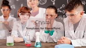  Presentation with chemical compounds - Theme having serious-clever-schoolkids-in-whitecoats background and a soft green colored foreground