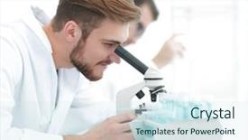  Presentation with laboratory chemical - Beautiful theme featuring serious clinician studying chemical element backdrop and a sky blue colored foreground