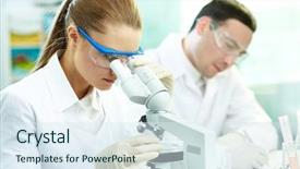  Presentation with laboratory chemical - Presentation with serious clinician studying chemical element background and a sky blue colored foreground