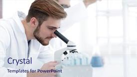  Presentation with laboratory chemical - Slide set consisting of serious clinician studying chemical element background and a sky blue colored foreground