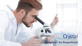  Presentation with laboratory chemical - Amazing slide deck having serious clinician studying chemical element backdrop and a sky blue colored foreground