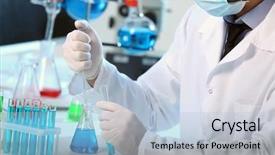  Presentation with laboratory chemical - PPT theme with serious clinician studying chemical element background and a light blue colored foreground