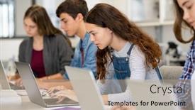  Presentation with college students - PPT layouts with serious-college-students-studying background and a mint green colored foreground