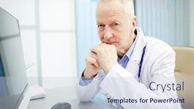  Presentation with lab coat - Cool new PPT layouts with serious concentrated handsome elderly male doctor in lab coat sitting at desk with computer and leaning on hands while looking at camera in own office backdrop and a lemonade colored foreground