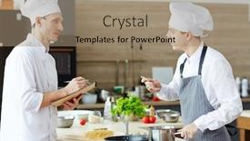  Presentation with cook chef - Colorful slide set enhanced with serious confident young chef in white uniform making notes in sketchpad while testing intern cook who tasting sauce at commercial kitchen backdrop and a coral colored foreground