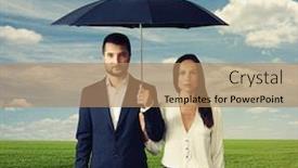  Presentation with under umbrella - Slide set with serious couple under umbrella at outdoor background and a coral colored foreground