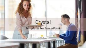  Presentation with apron - Slide set featuring serious curly-haired waitress background and a coral colored foreground