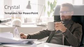  Presentation with director - Presentation design enhanced with serious-director-of-company background and a sky blue colored foreground