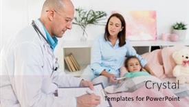  Presentation with prescriptions - Audience pleasing presentation consisting of serious doctor making prescriptions to sick little girl while sitting by her bed after medical treatment backdrop and a soft green colored foreground