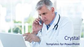  Presentation with medical laptop - Presentation theme consisting of serious doctor working on laptop background and a sky blue colored foreground