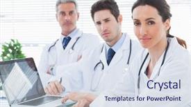  Presentation with medical laptop - Amazing theme having serious doctors with laptop looking at camera in medical office backdrop and a sky blue colored foreground