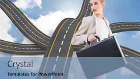  Presentation with bumpy road - Beautiful PPT layouts featuring serious elegant businesswoman holding briefcase against bumpy road backdrop backdrop and a light blue colored foreground