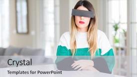  Presentation with black woman - Colorful presentation theme enhanced with serious expression on face simple backdrop and a light gray colored foreground