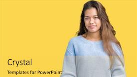  Presentation with winter blue - Amazing PPT layouts having beautiful brunette woman wearing blue backdrop and a  colored foreground