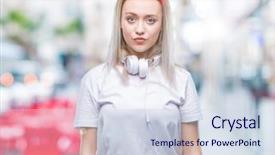  Presentation with music headphones - PPT layouts having serious expression on face simple background and a sky blue colored foreground