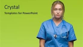  Presentation with doctor helps to get out of bed an elderly woman - Colorful presentation design enhanced with serious expression on face simple backdrop and a  colored foreground