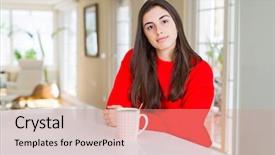  Presentation with coffee cup - Presentation theme consisting of serious expression on face simple background and a coral colored foreground