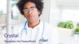  Presentation with doctor african - Slide deck consisting of serious expression on face simple background and a  colored foreground