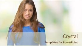  Presentation with young woman wearing boxer gloves - PPT theme having beautiful brunette woman wearing blue background and a soft green colored foreground