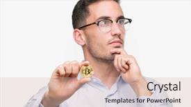  Presentation with bitcoin - Amazing presentation design having serious face thinking about question backdrop and a soft green colored foreground