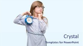  Presentation with clock face - Colorful PPT layouts enhanced with serious face thinking about question backdrop and a  colored foreground