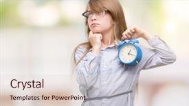  Presentation with clock face - Audience pleasing PPT theme consisting of serious face thinking about question backdrop and a  colored foreground