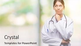  Presentation with doctor helps to get out of bed an elderly woman - Amazing presentation theme having serious face thinking about question backdrop and a  colored foreground