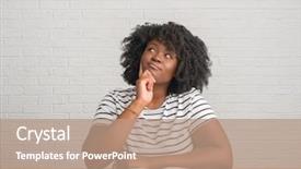  Presentation with african american woman question - Cool new theme with serious face thinking about question backdrop and a coral colored foreground