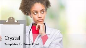  Presentation with doctor helps to get out of bed an elderly woman - Beautiful PPT theme featuring serious face thinking about question backdrop and a sky blue colored foreground