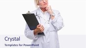  Presentation with doctor helps to get out of bed an elderly woman - Beautiful theme featuring serious face thinking about question backdrop and a  colored foreground