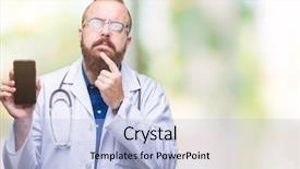  Presentation with smartphone - Slide set featuring serious face thinking about question background and a  colored foreground