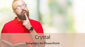  Presentation with book glasses - Slide set with serious face thinking about question background and a lemonade colored foreground