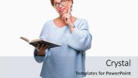  Presentation with kids reading book - Audience pleasing presentation design consisting of serious face thinking about question backdrop and a  colored foreground