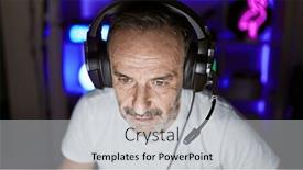  Presentation with aged - Slide deck consisting of serious-faced-middle-aged-streamer background and a light gray colored foreground