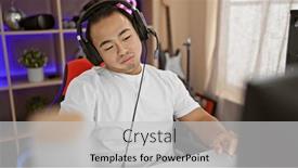  Presentation with home office - Slide set with serious-faced-young-chinese-man background and a light gray colored foreground