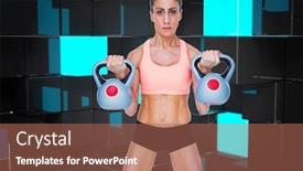  Presentation with blue design - PPT layouts enhanced with serious female crossfitter lifting kettlebells against blue and black tile design background and a coral colored foreground