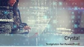  Presentation with hacker white - Colorful PPT theme enhanced with serious female hacker using laptop backdrop and a light blue colored foreground