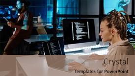  Presentation with monitor computer - PPT layouts featuring serious-female-programmer-with-dreadlocks background and a coral colored foreground