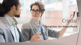  Presentation with trader - Slide set consisting of serious female trader pointing at computer monitor and looking at her colleague during discussion of online financial statistics background and a lemonade colored foreground