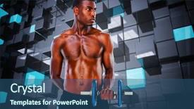  Presentation with blue design - Audience pleasing slide deck consisting of serious fit shirtless young man lifting dumbbell against blue and black tile design backdrop and a ocean colored foreground
