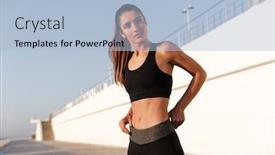  Presentation with healthy - Slide deck consisting of serious fitness lady with beautiful healthy body looking camera while training near sea background and a light blue colored foreground