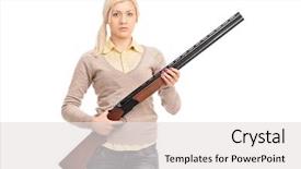  Presentation with hunting double barrel vintage shotgun - Audience pleasing slide deck consisting of serious girl holding a shotgun backdrop and a light gray colored foreground