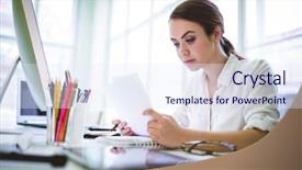  Presentation with graphic - PPT theme featuring serious graphic designer reading document background and a sky blue colored foreground