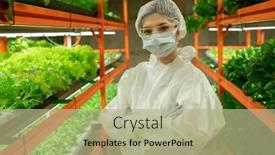  Presentation with vertical farm - Colorful slide set enhanced with serious-greenhouse-worker-in-protective backdrop and a mint green colored foreground