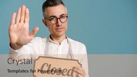  Presentation with banner blue - Amazing PPT theme having serious-grey-haired-man-showing backdrop and a coral colored foreground